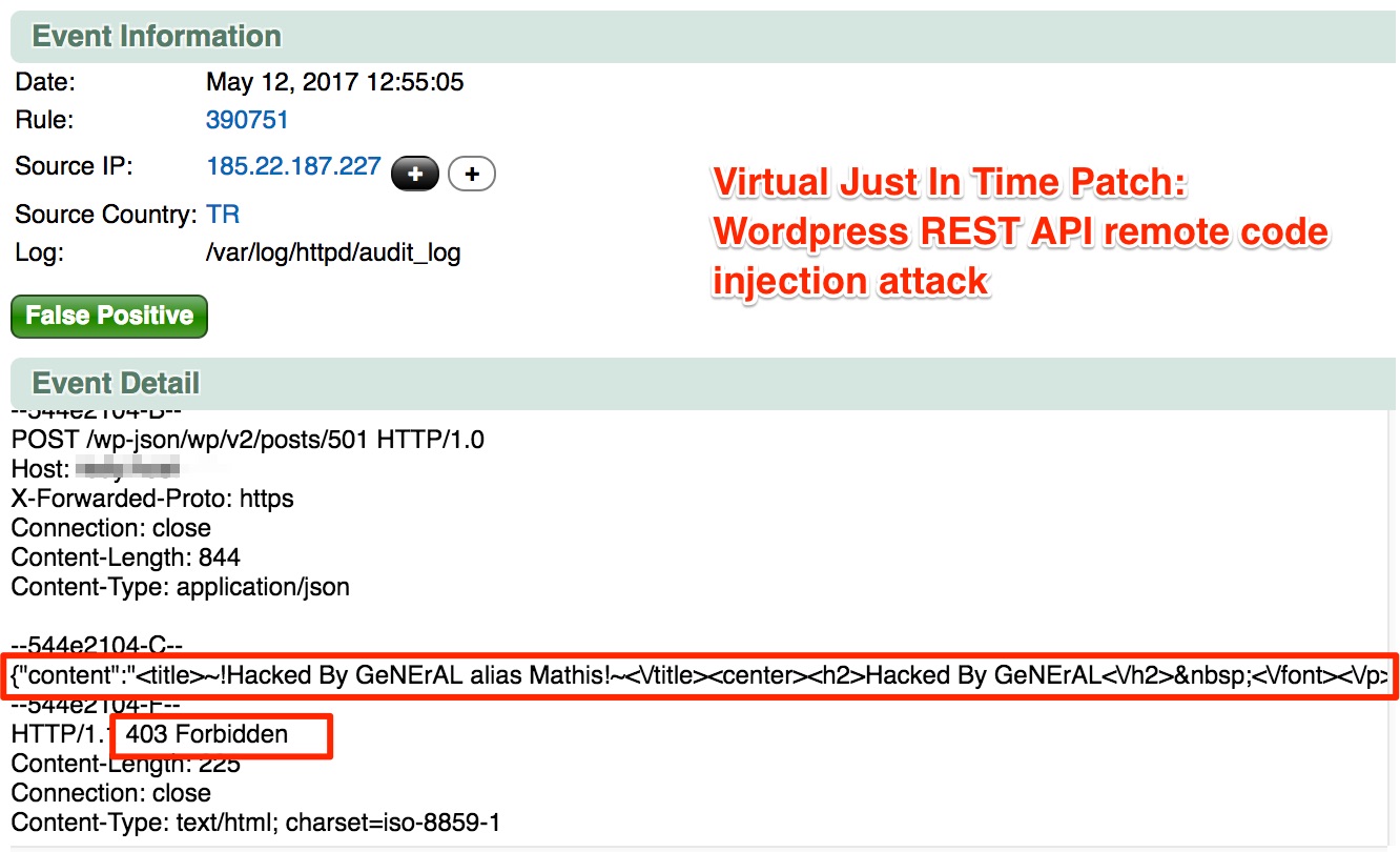 Virtual Just In Time Patch: WordPress REST API remote code injection attack