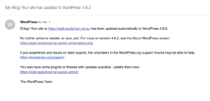 Example email notification about automated wordpress patches applied