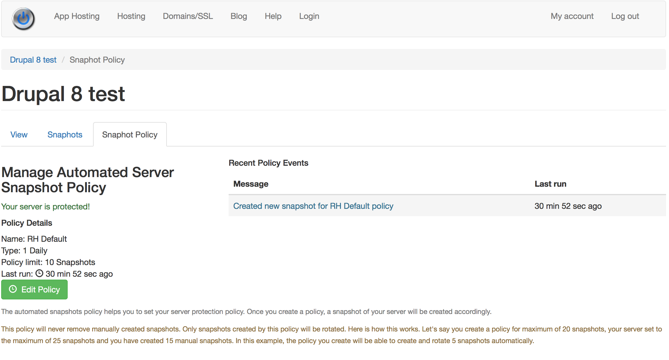 Screenshot Manage Automated Server Snapshot Policy page