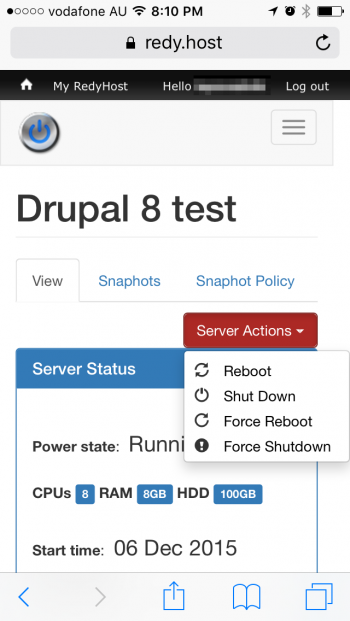 Mobile view of cloud vps management console