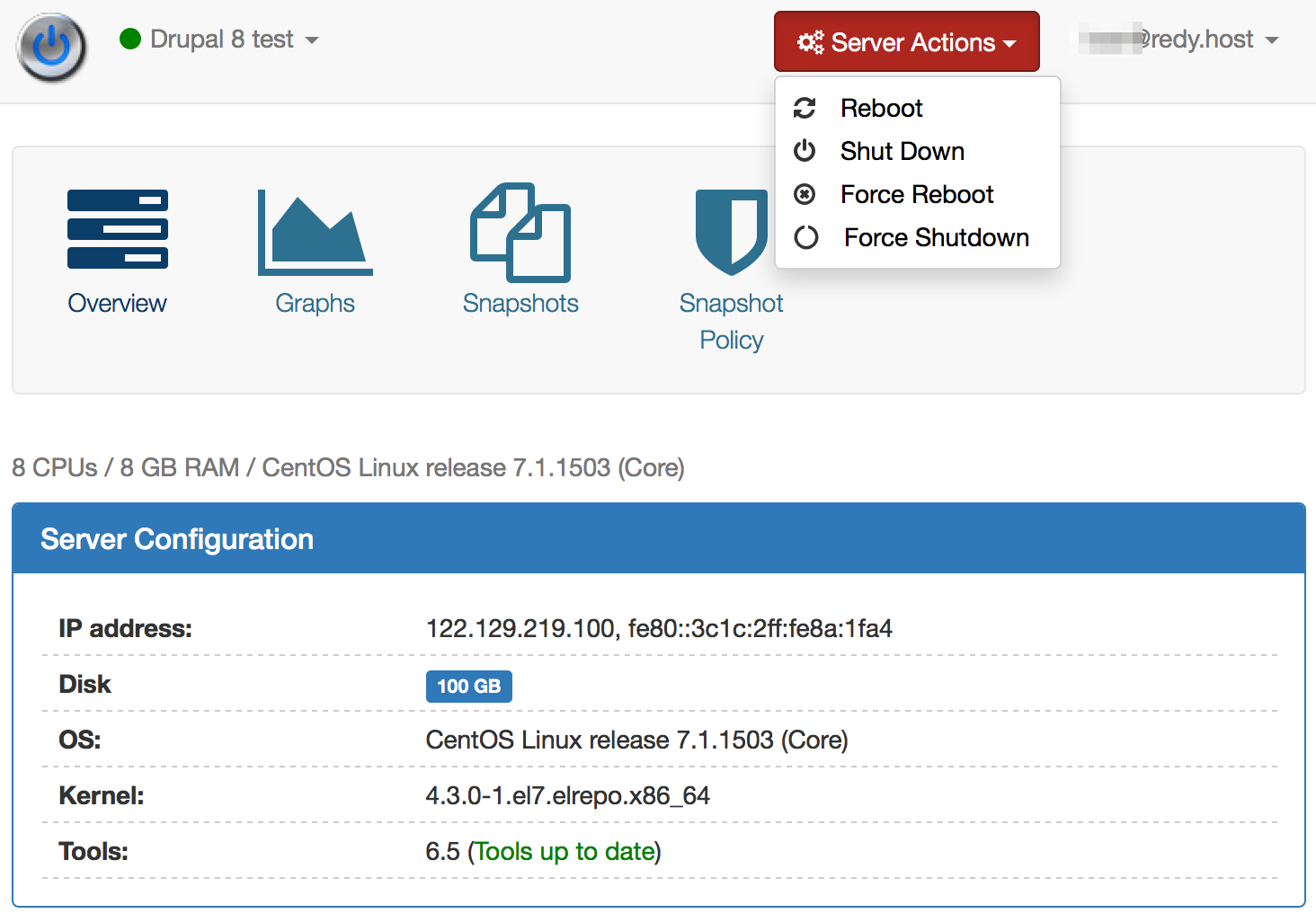 Server Actions drop down menu - RedyHost management console