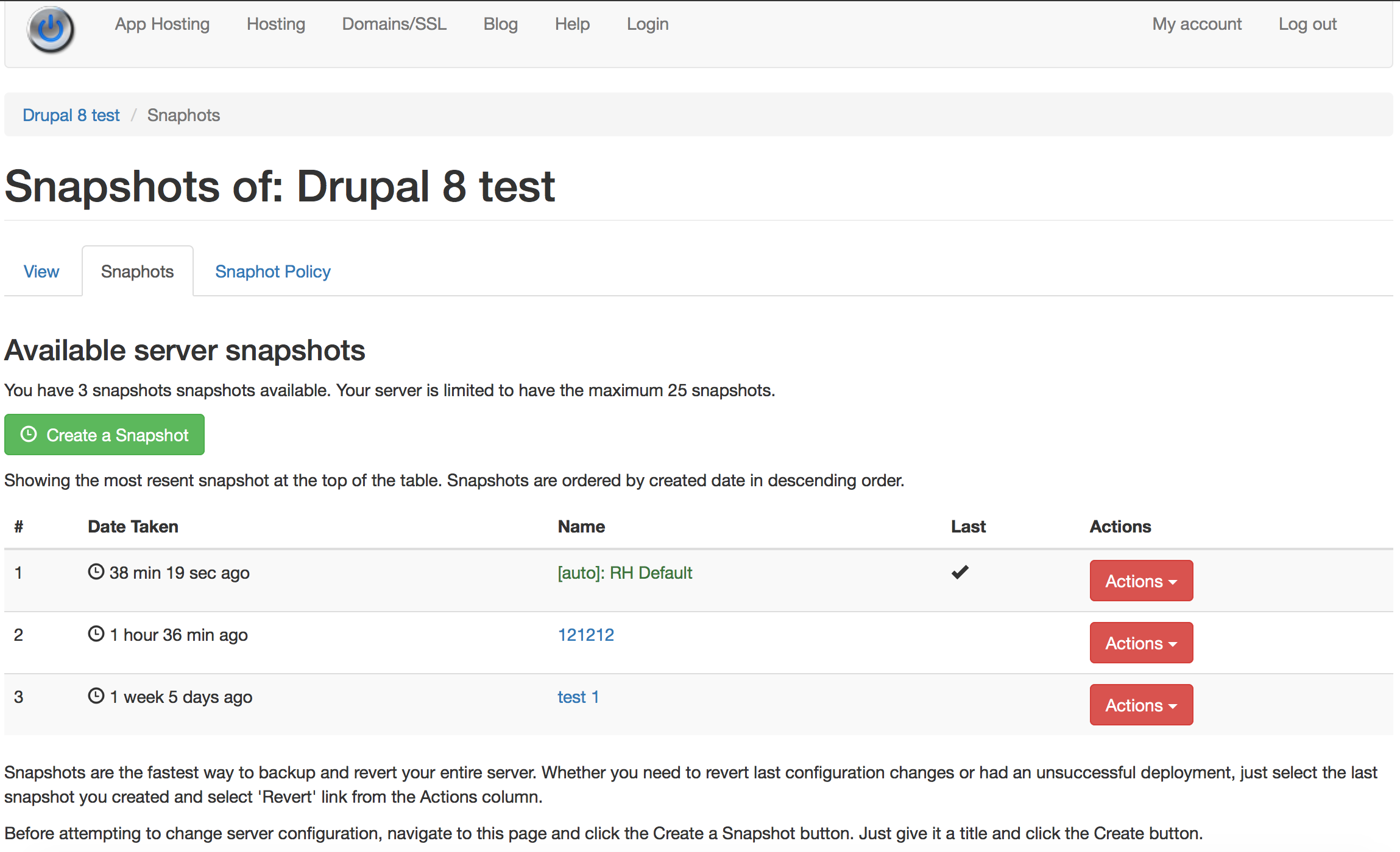 Server snapshots view of the cloud VPS Management Console